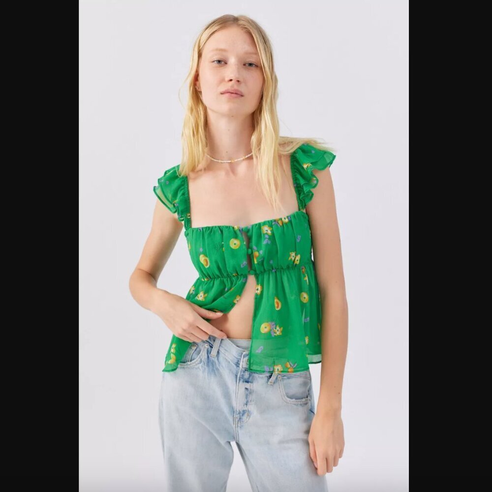 Urban Outfitters Deandra Babydoll Green Floral Blouse S